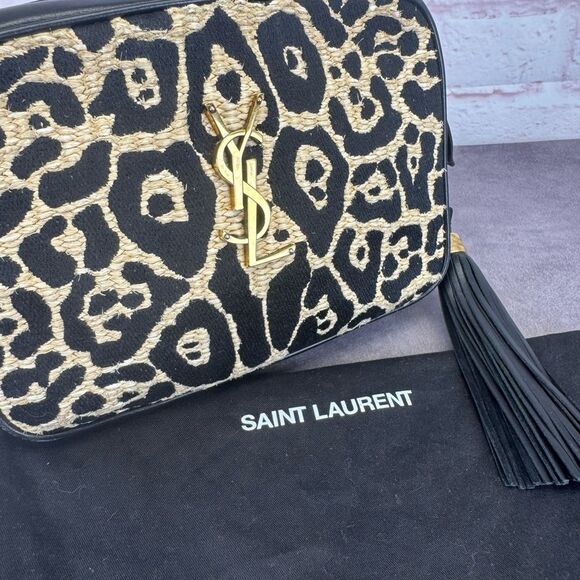 Saint Laurent YSL Raffia Calfskin Leopard Print Monogram Lou Camera Bag Natural - Picture 16 of 16
